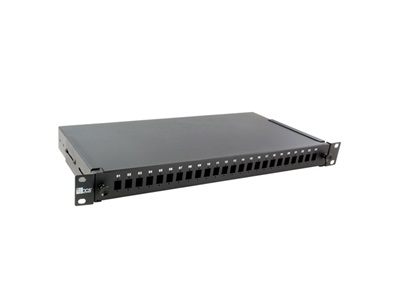 CCS 1U 19" optikai kihúzható patch panel, 24 x LC DX, SC SX, E2000 toldóhoz, üres