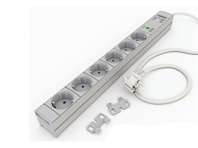 Kontaset elosztópanel 6 SHUCKO aljzat, kapcsoló nélkül, túlfeszültség védett -DI-STRIP Safety Basic típusú, 2,5m kábel