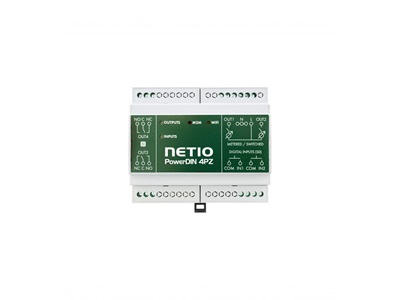 NETIO, POwerDIN 4PZ, DIN sínre szerelhető fogyasztásmérő és vezérlő, LAN, WiFi & NFC interface