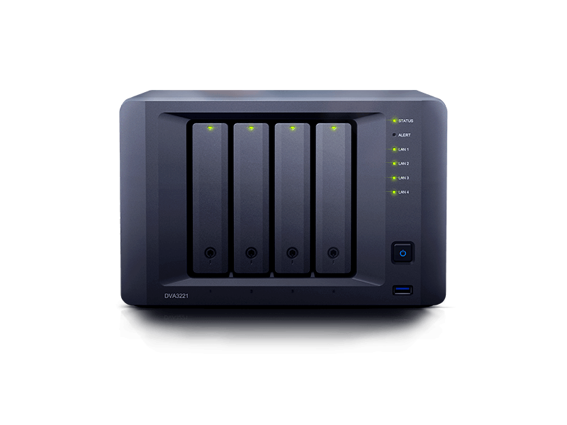 Synology, NAS 4 fiókos DVA3221 NVR Intel Atom C3538 4x2,1GHz 8GB DDR4, 4x1GbE, 2xeSATA