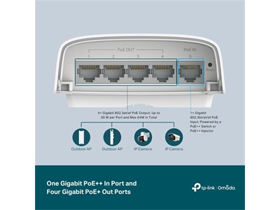 TP-Link, Omada 5-Port Gigabit Smart Switch with 1-Port PoE++ In and 4-Port PoE+ Out (SG2005P-PD)