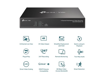 TP-Link, VIGI 4 Channel PoE+ Network Video Recorder + 2TB Preinstalled HDD